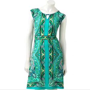 Apt. 9 Scroll Keyhole, Green Symmetrical Paisley Pattern Dress, Zipper, Size M